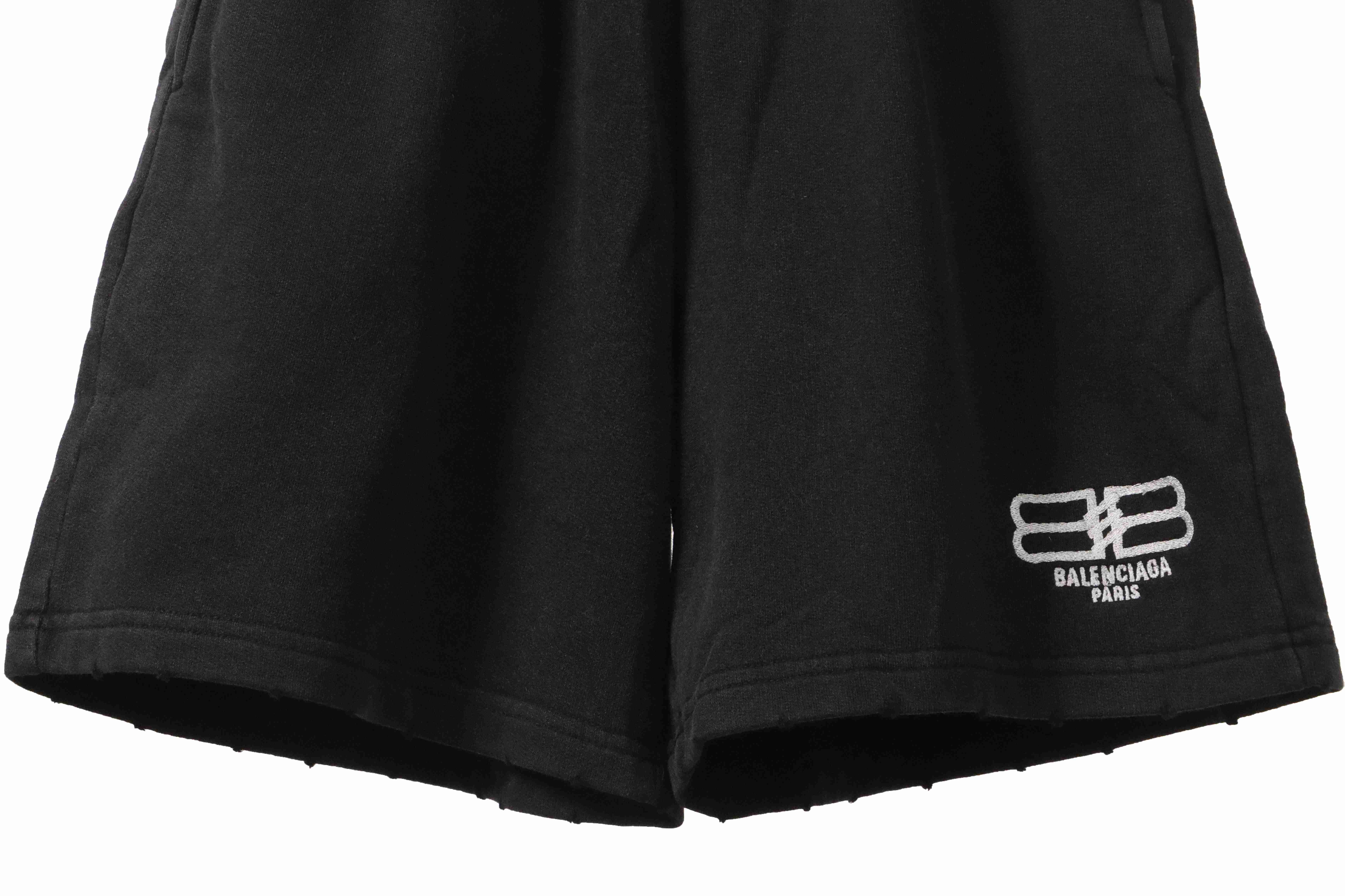Balenciaga Distressed Washed Hole Lock Embroidered Shorts Black