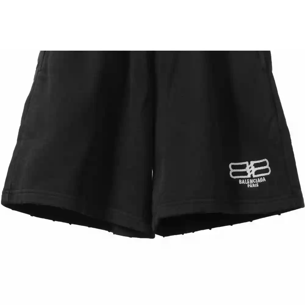 Balenciaga Distressed Washed Hole Lock Embroidered Shorts Black