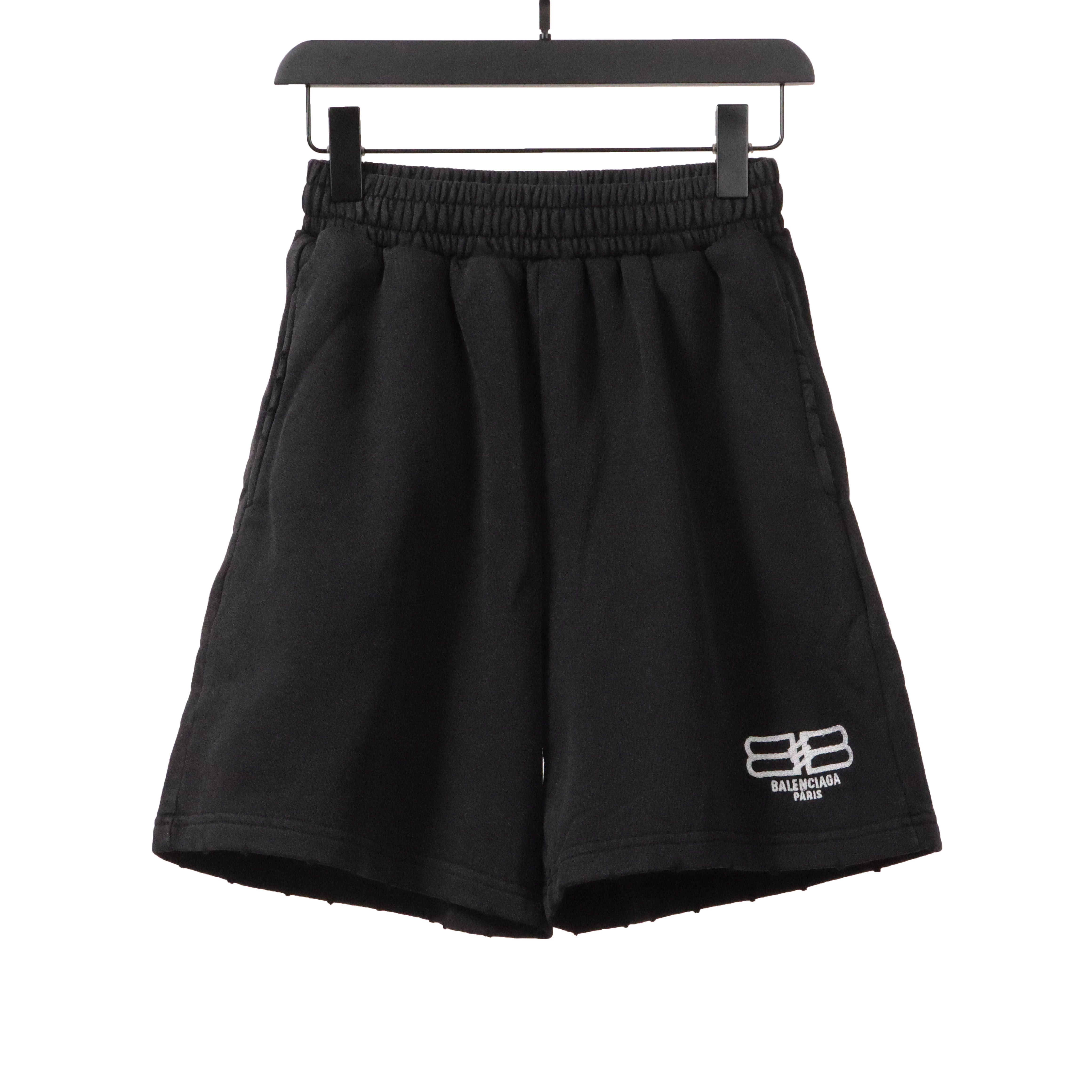 Balenciaga Distressed Washed Hole Lock Embroidered Shorts Black