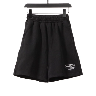 Balenciaga Distressed Washed Hole Lock Embroidered Shorts Black 01