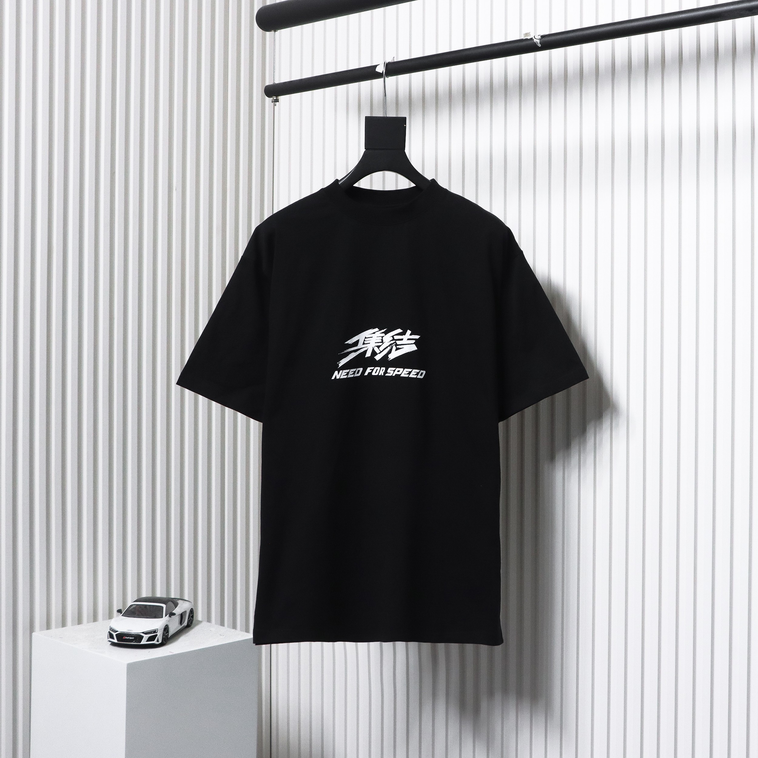 Balenciaga Gathering Print Back Tape Printed Short Sleeves Black