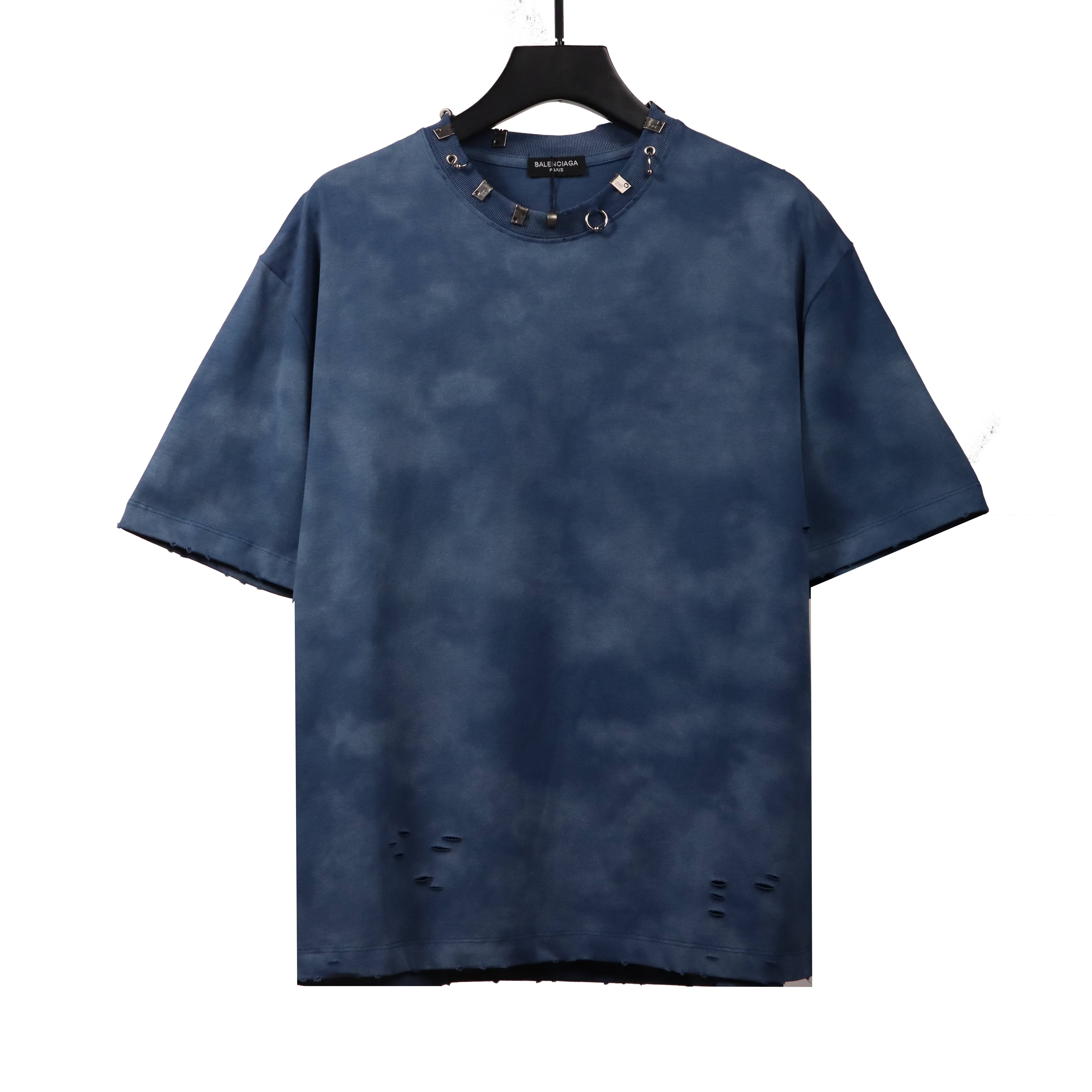 Balenciaga Rivet Pierced Washed Hole Short Sleeves Blue