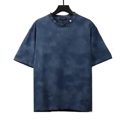 Balenciaga Rivet Pierced Washed Hole Short Sleeves Blue 01