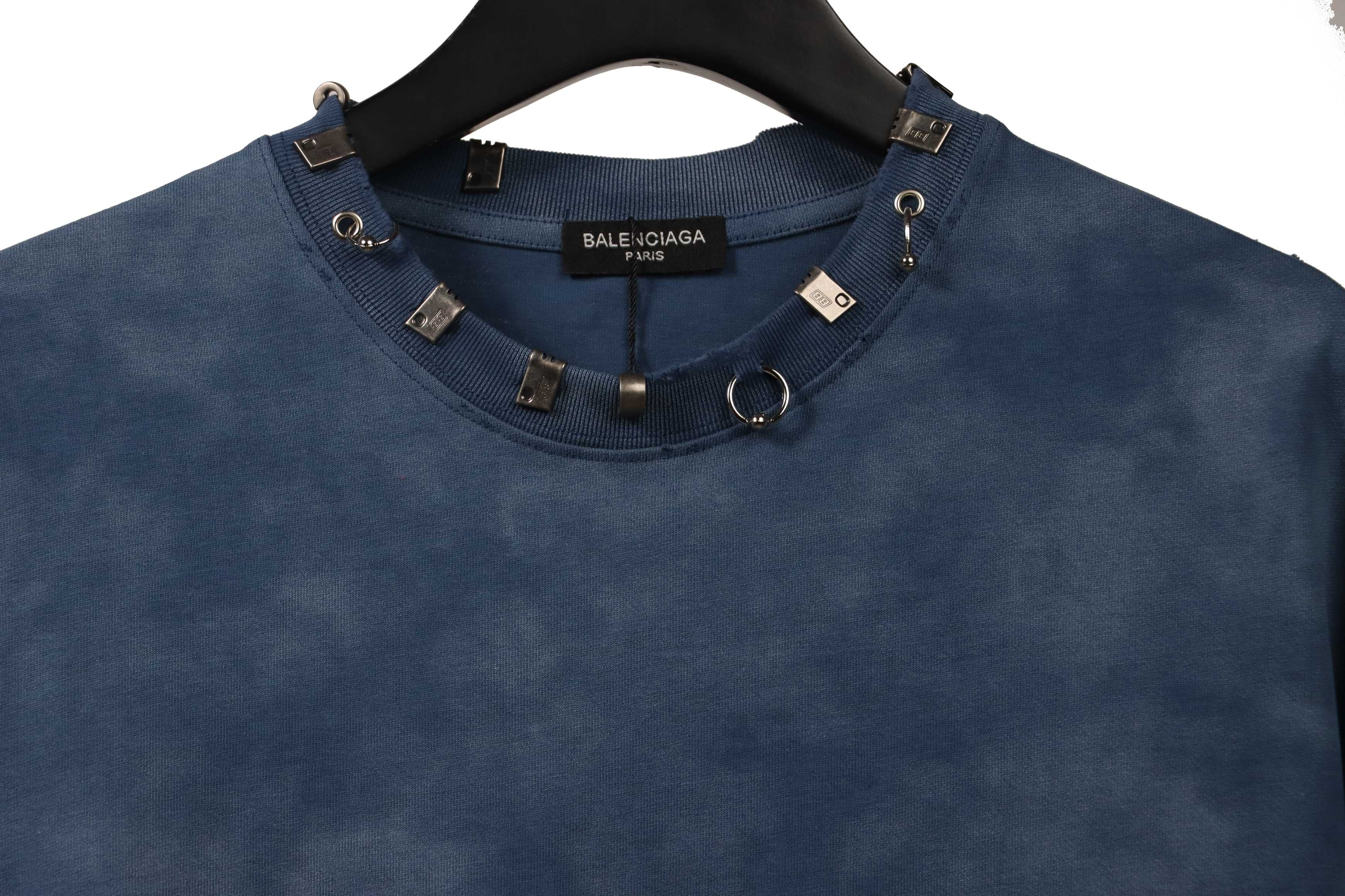 Balenciaga Rivet Pierced Washed Hole Short Sleeves Blue