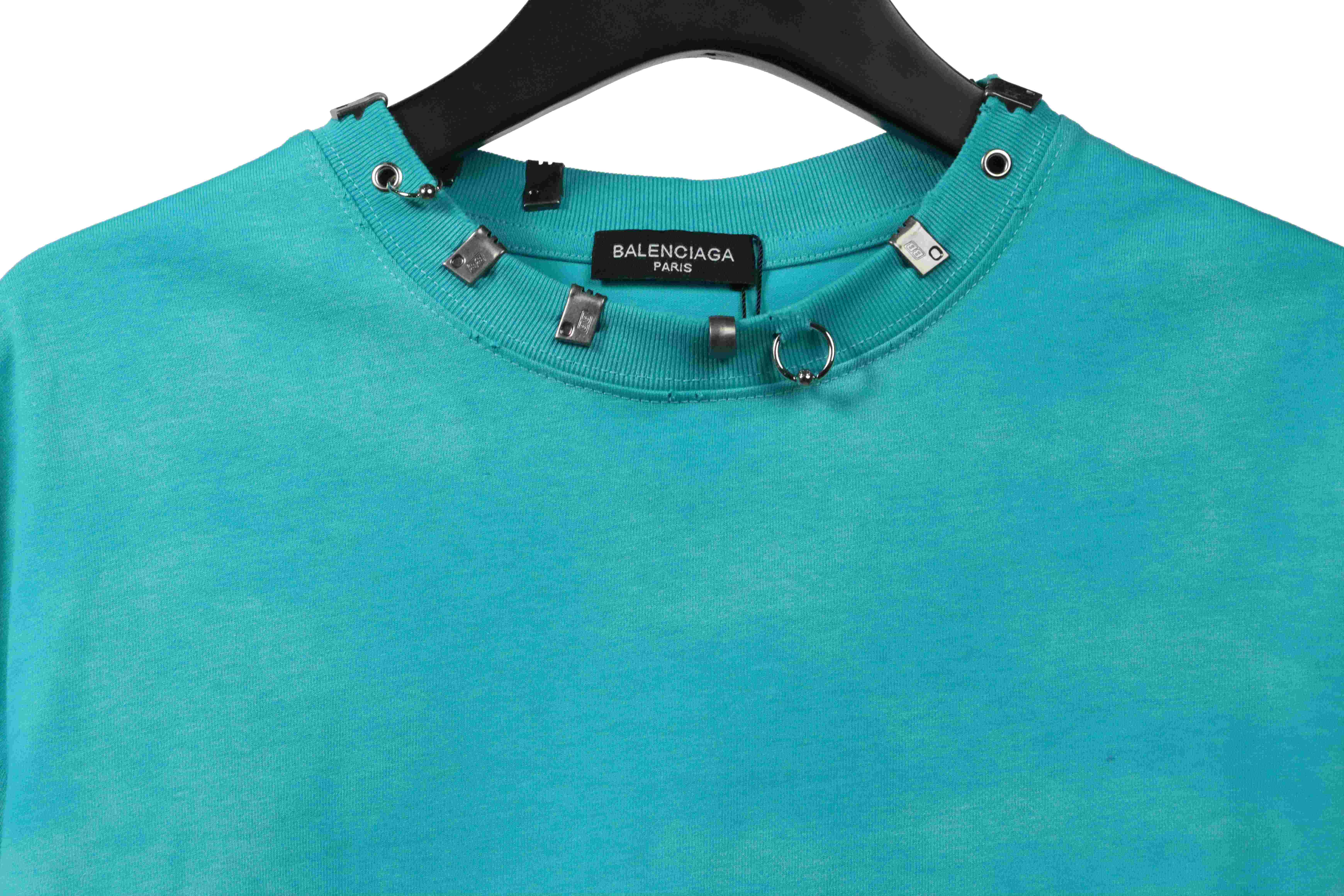 Balenciaga Rivet Pierced Washed Hole Short Sleeves Green