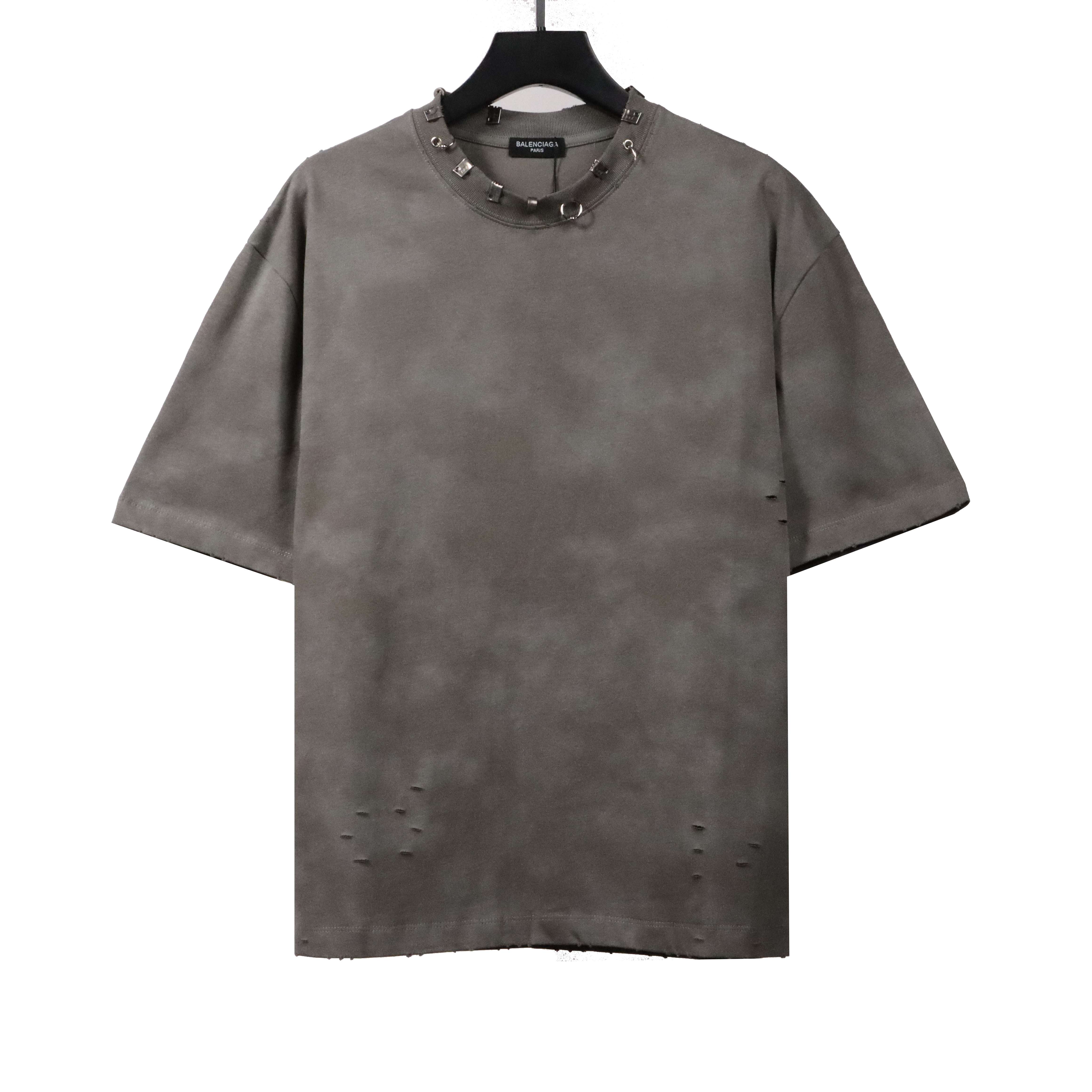 Balenciaga Rivet Pierced Washed Hole Short Sleeves Grey