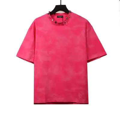 Balenciaga Rivet Pierced Washed Hole Short Sleeves Pink 01
