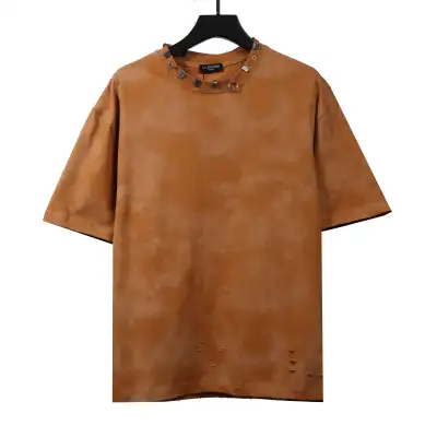 Balenciaga Rivet Pierced Washed Hole Short Sleeves Yellow 01