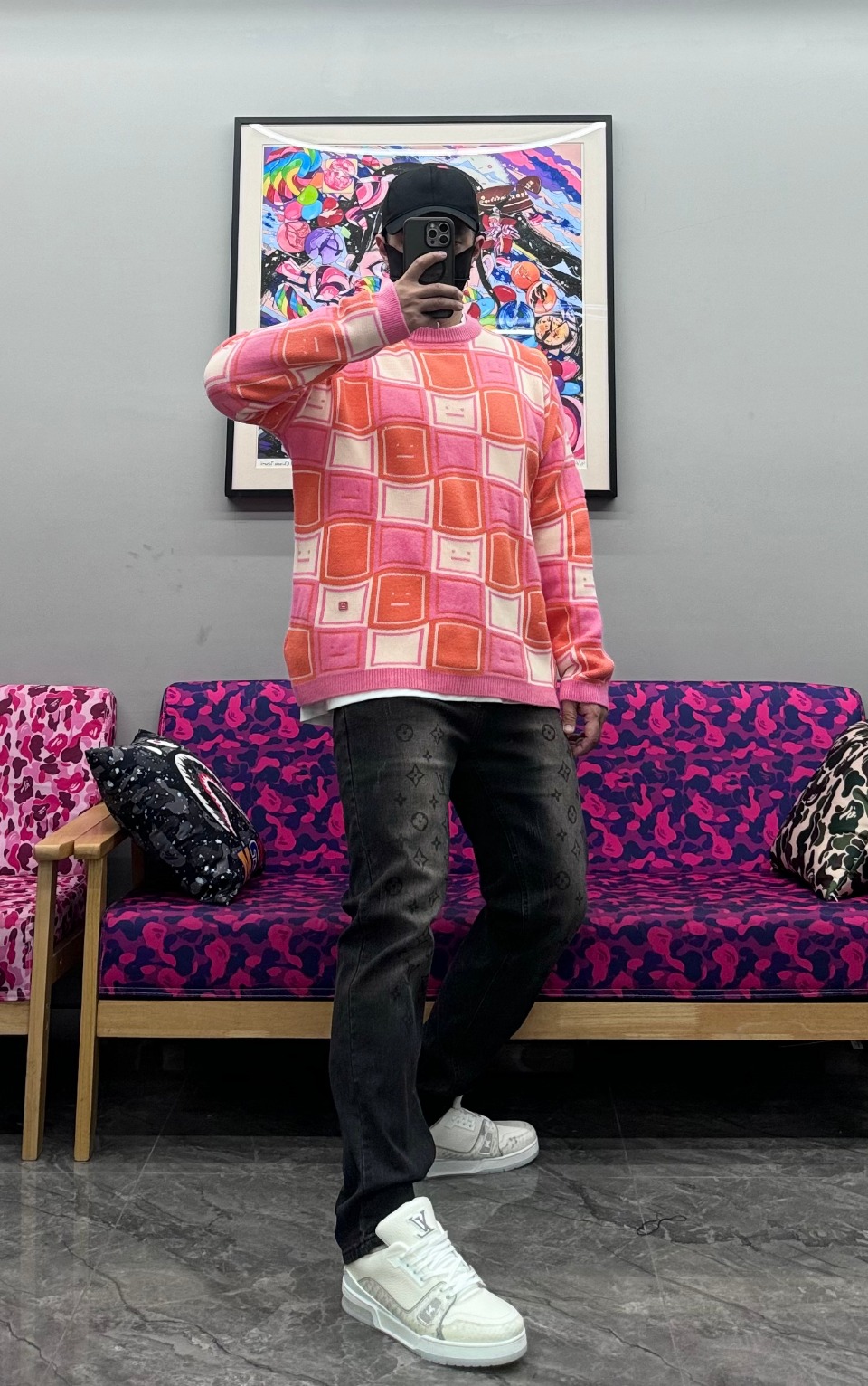 Acne Studios 24FW Square Smiley Face Crewneck Sweater Pink