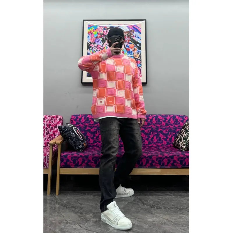 Acne Studios 24FW Square Smiley Face Crewneck Sweater Pink
