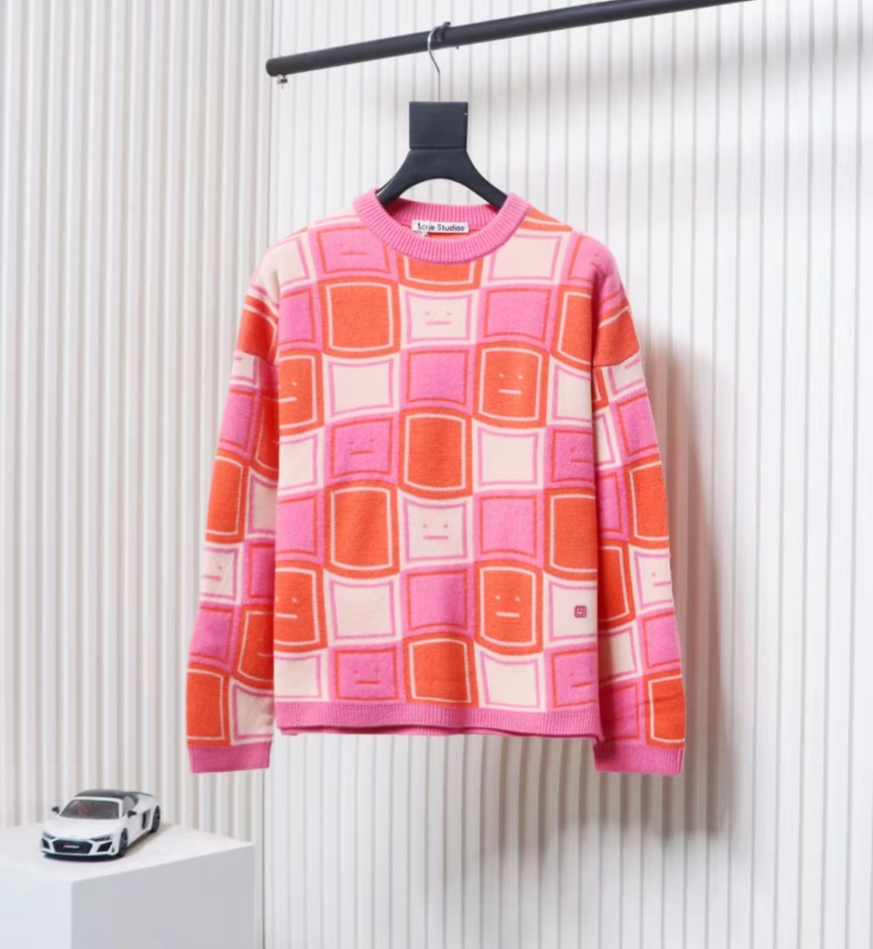 Acne Studios 24FW Square Smiley Face Crewneck Sweater Pink