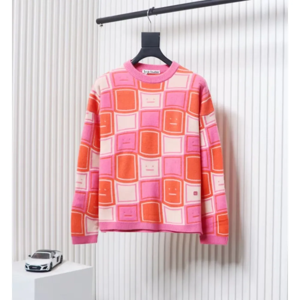 Acne Studios 24FW Square Smiley Face Crewneck Sweater Pink