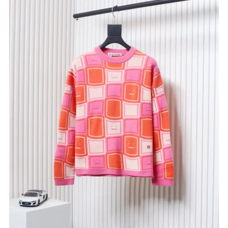 Acne Studios 24FW Square Smiley Face Crewneck Sweater Pink