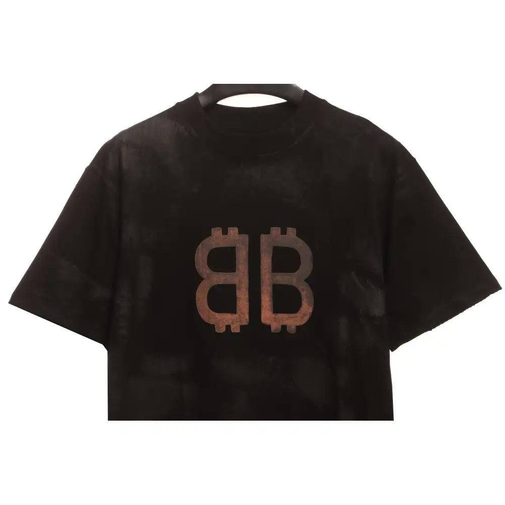 Balenciaga Distressed Mud-Dyed Double B Print Short Sleeves Black