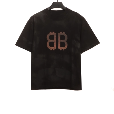 Balenciaga Distressed Mud-Dyed Double B Print Short Sleeves Black 01