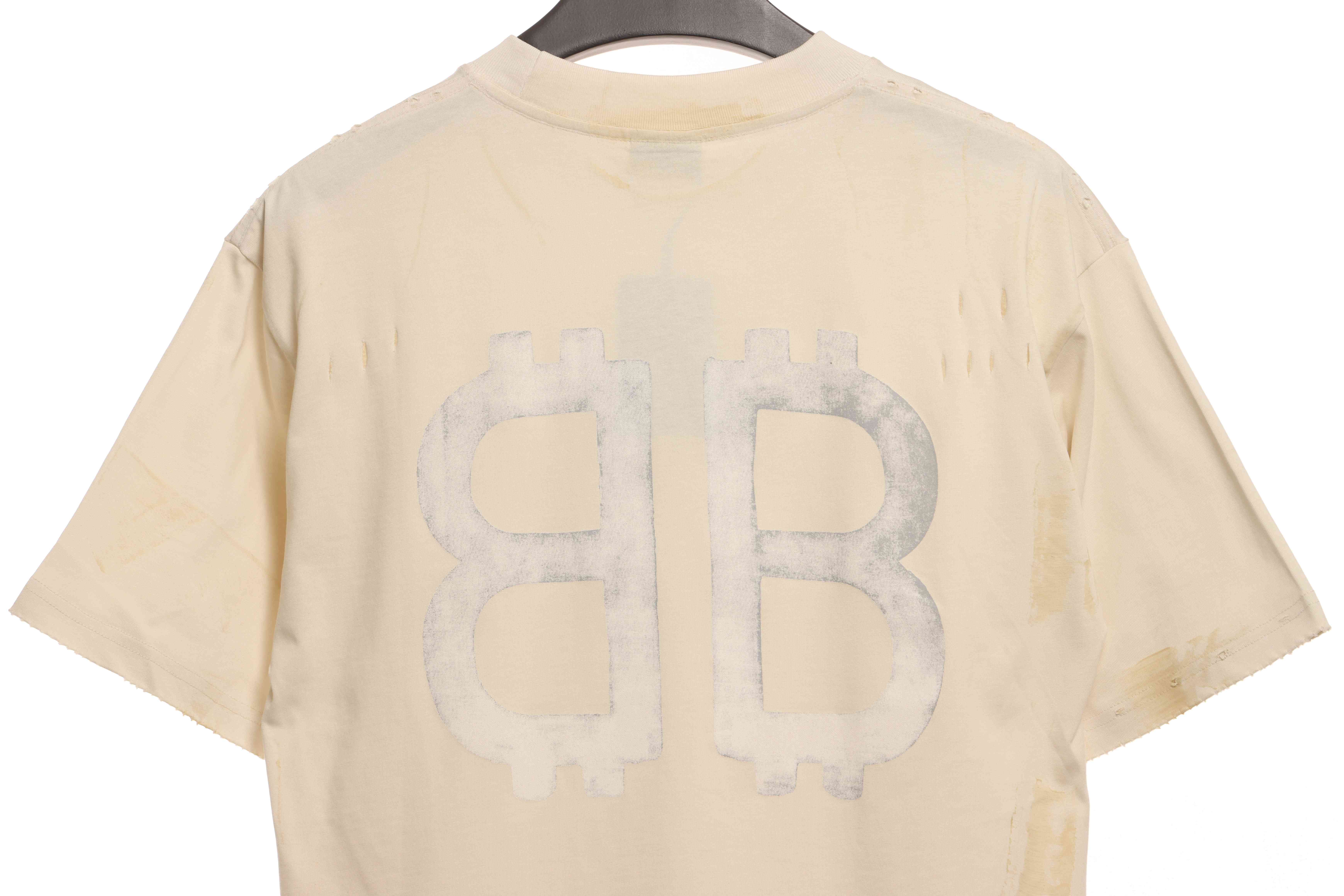 Balenciaga Distressed Mud-Dyed Double B Print Short Sleeves White