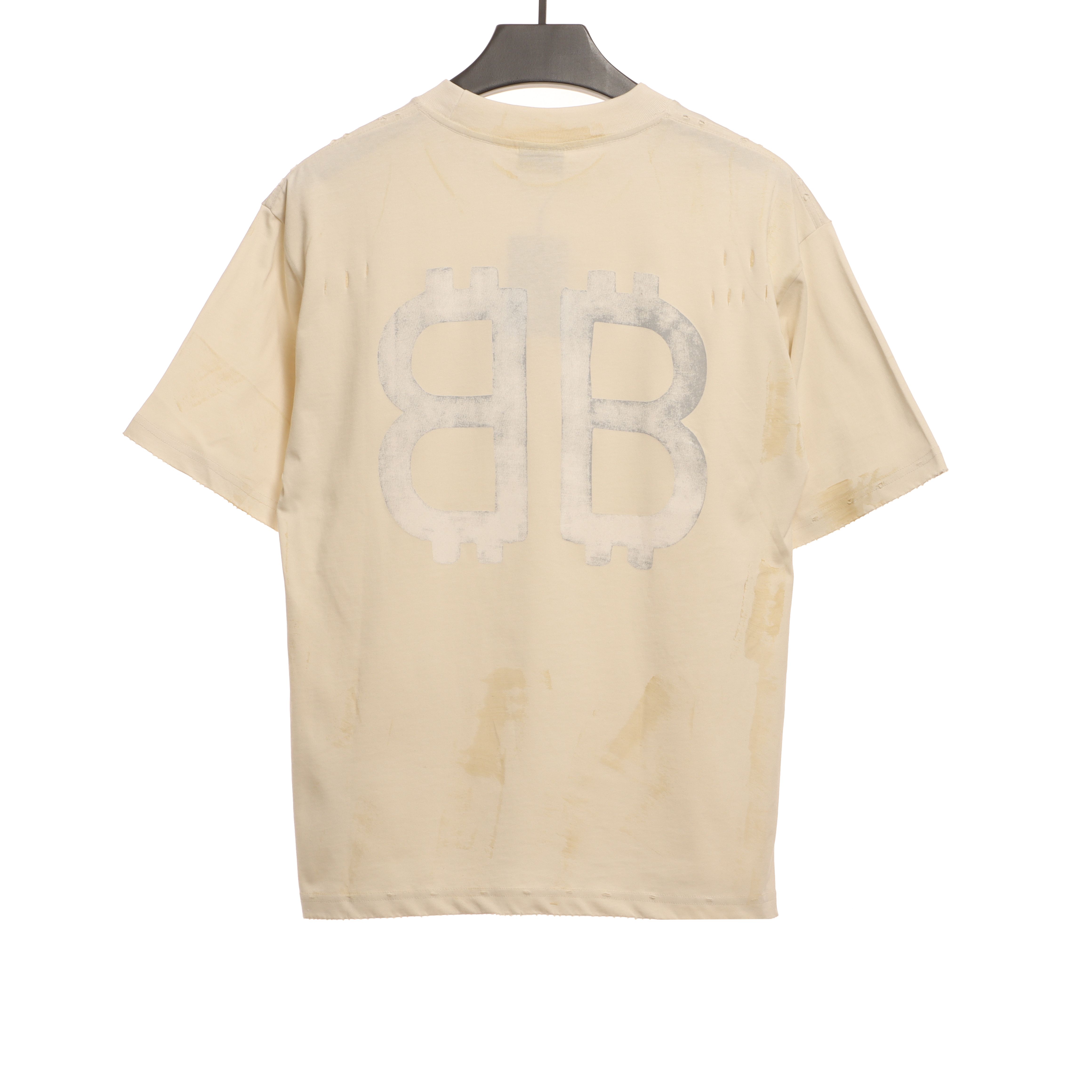 Balenciaga Distressed Mud-Dyed Double B Print Short Sleeves White