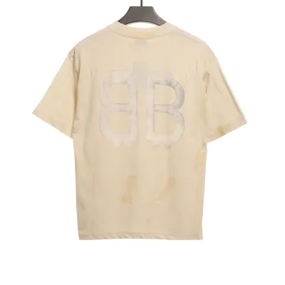 Balenciaga Distressed Mud-Dyed Double B Print Short Sleeves White 02