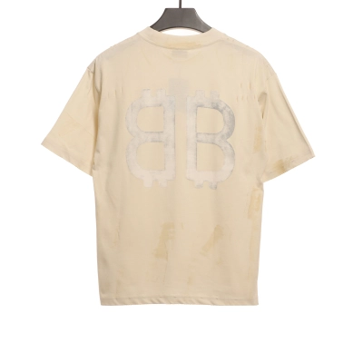 Balenciaga Distressed Mud-Dyed Double B Print Short Sleeves White 02