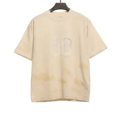Balenciaga Distressed Mud-Dyed Double B Print Short Sleeves White 01