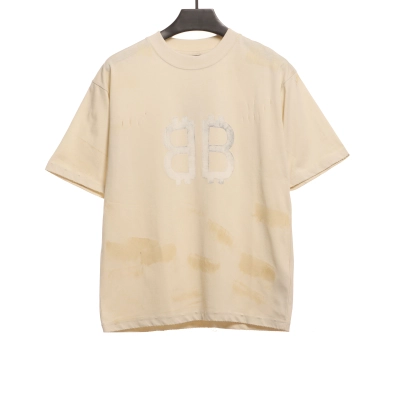 Balenciaga Distressed Mud-Dyed Double B Print Short Sleeves White 01