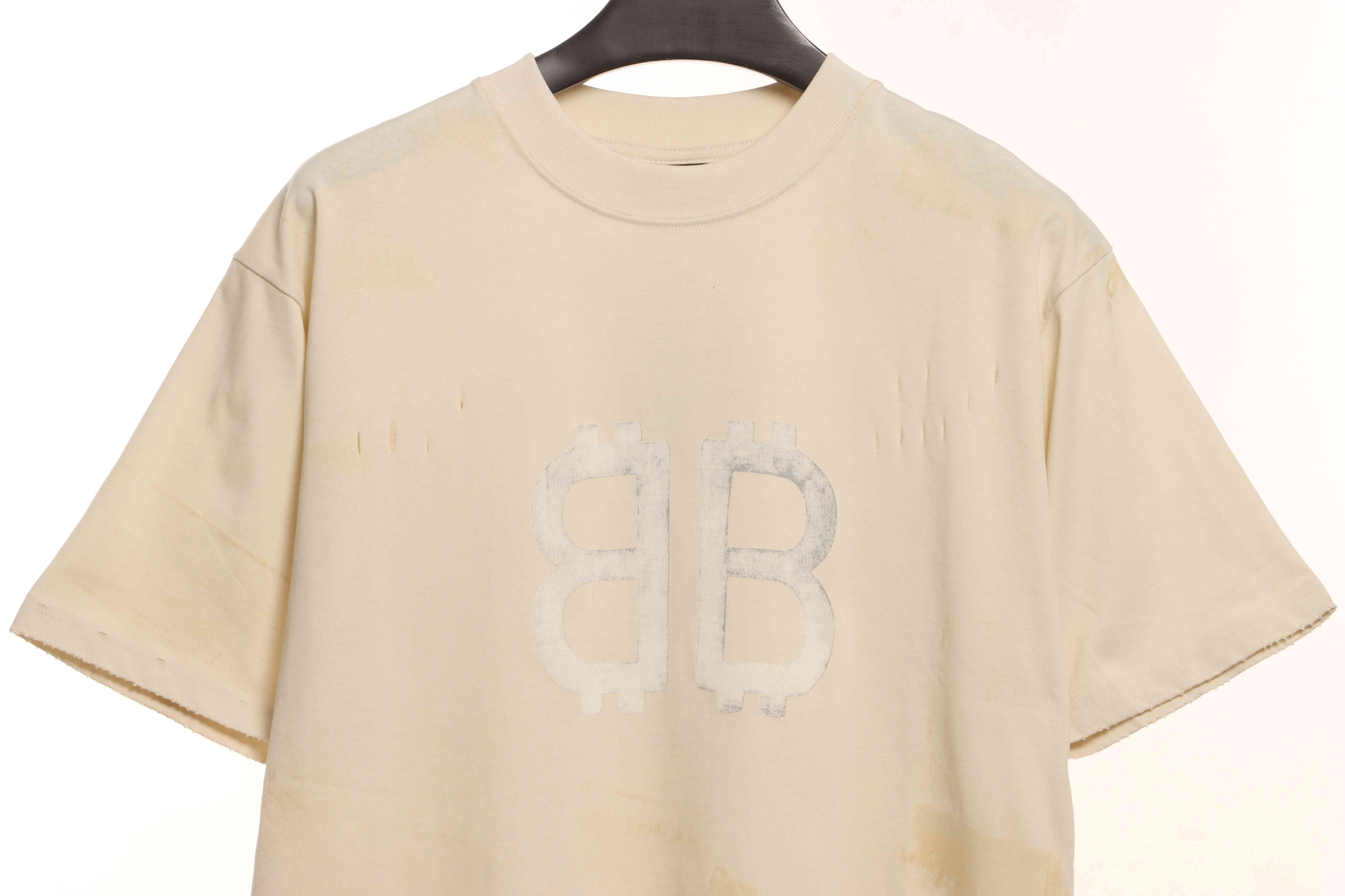 Balenciaga Distressed Mud-Dyed Double B Print Short Sleeves White