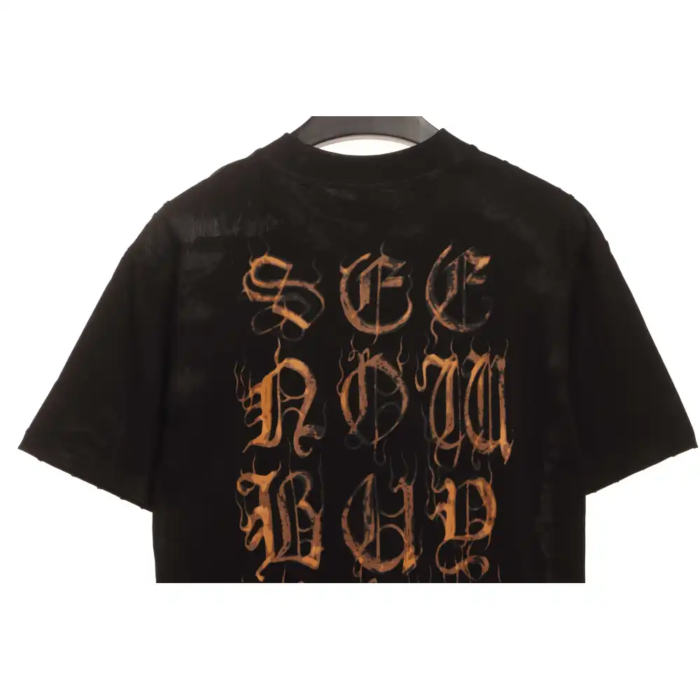 Balenciaga Distressed Mud-Dyed Sanskrit Print Short Sleeves Black