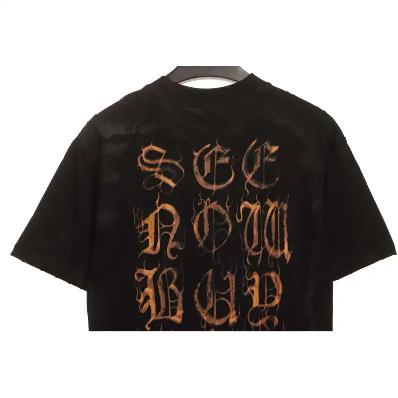 Balenciaga Distressed Mud-Dyed Sanskrit Print Short Sleeves Black
