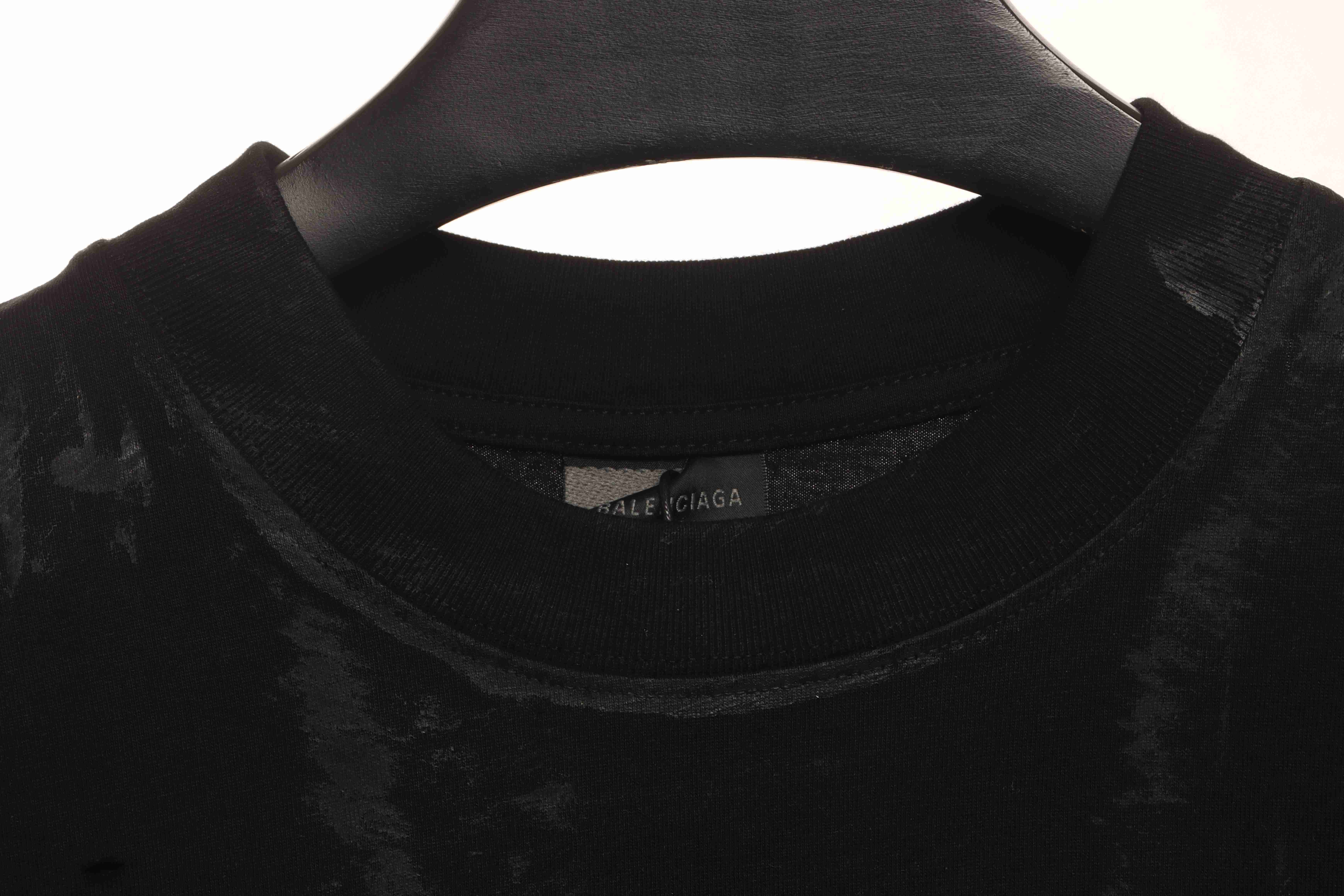 Balenciaga Distressed Mud-Dyed Sanskrit Print Short Sleeves Black