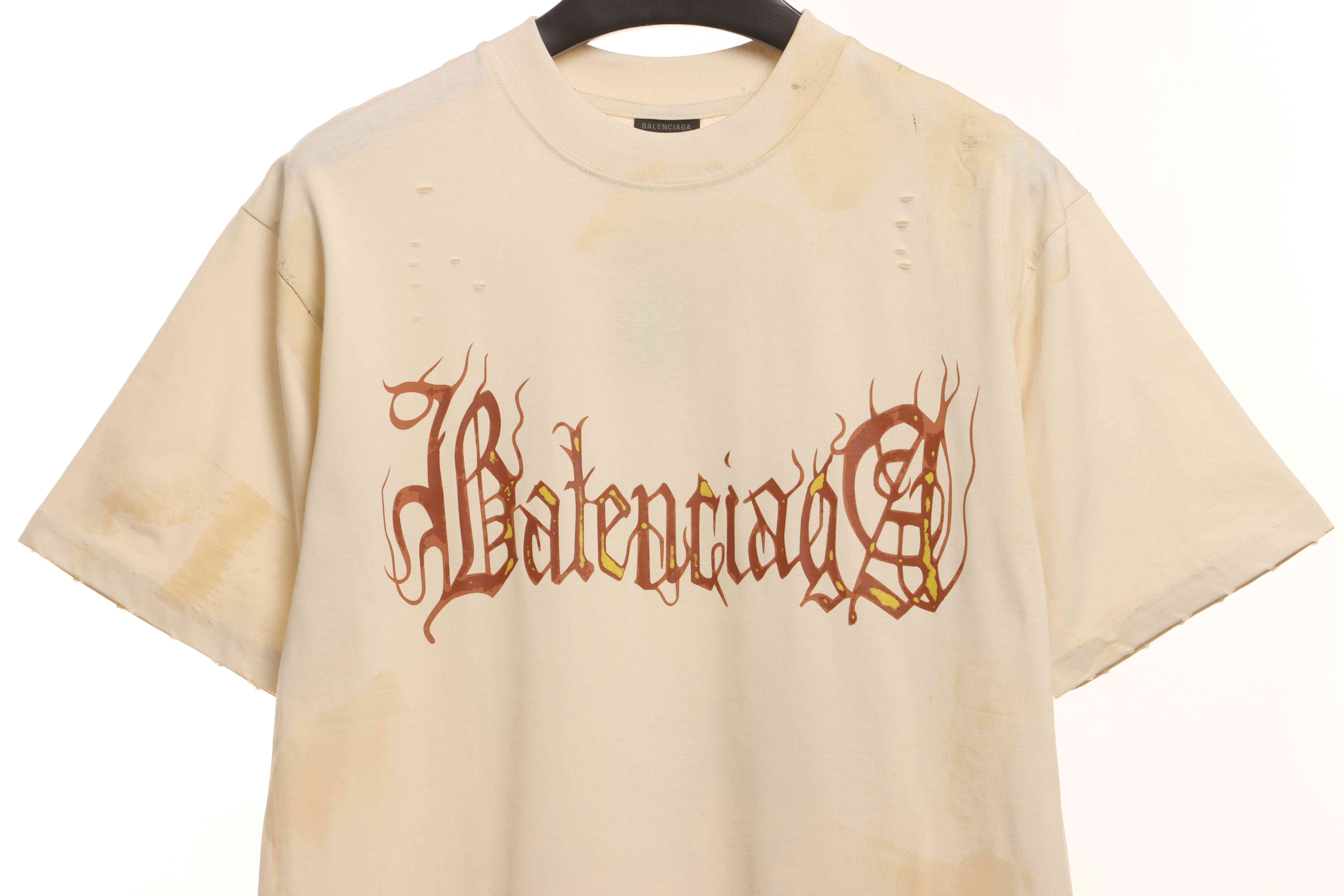 Balenciaga Distressed Mud-Dyed Sanskrit Print Short Sleeves White