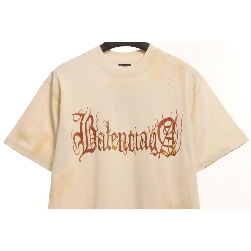 Balenciaga Distressed Mud-Dyed Sanskrit Print Short Sleeves White