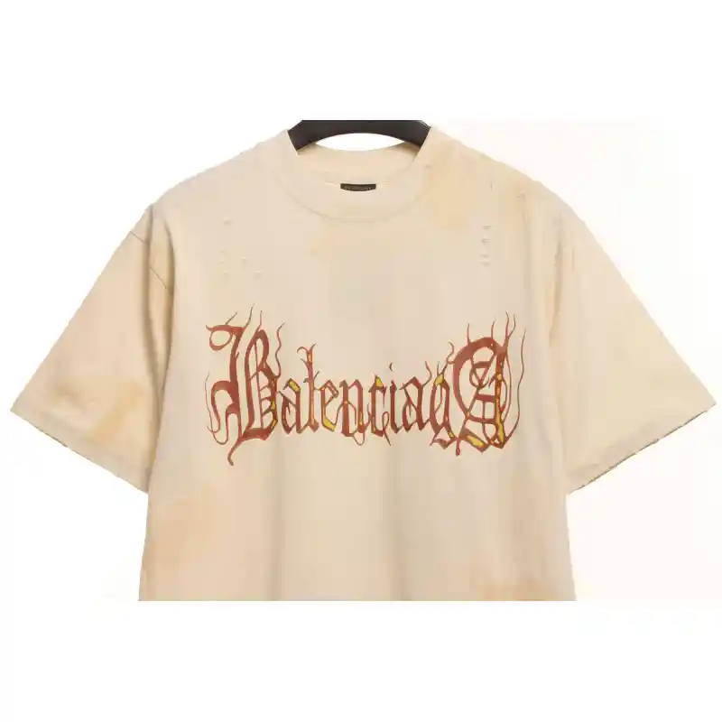 Balenciaga Distressed Mud-Dyed Sanskrit Print Short Sleeves White