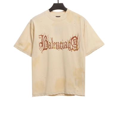 Balenciaga Distressed Mud-Dyed Sanskrit Print Short Sleeves White 01