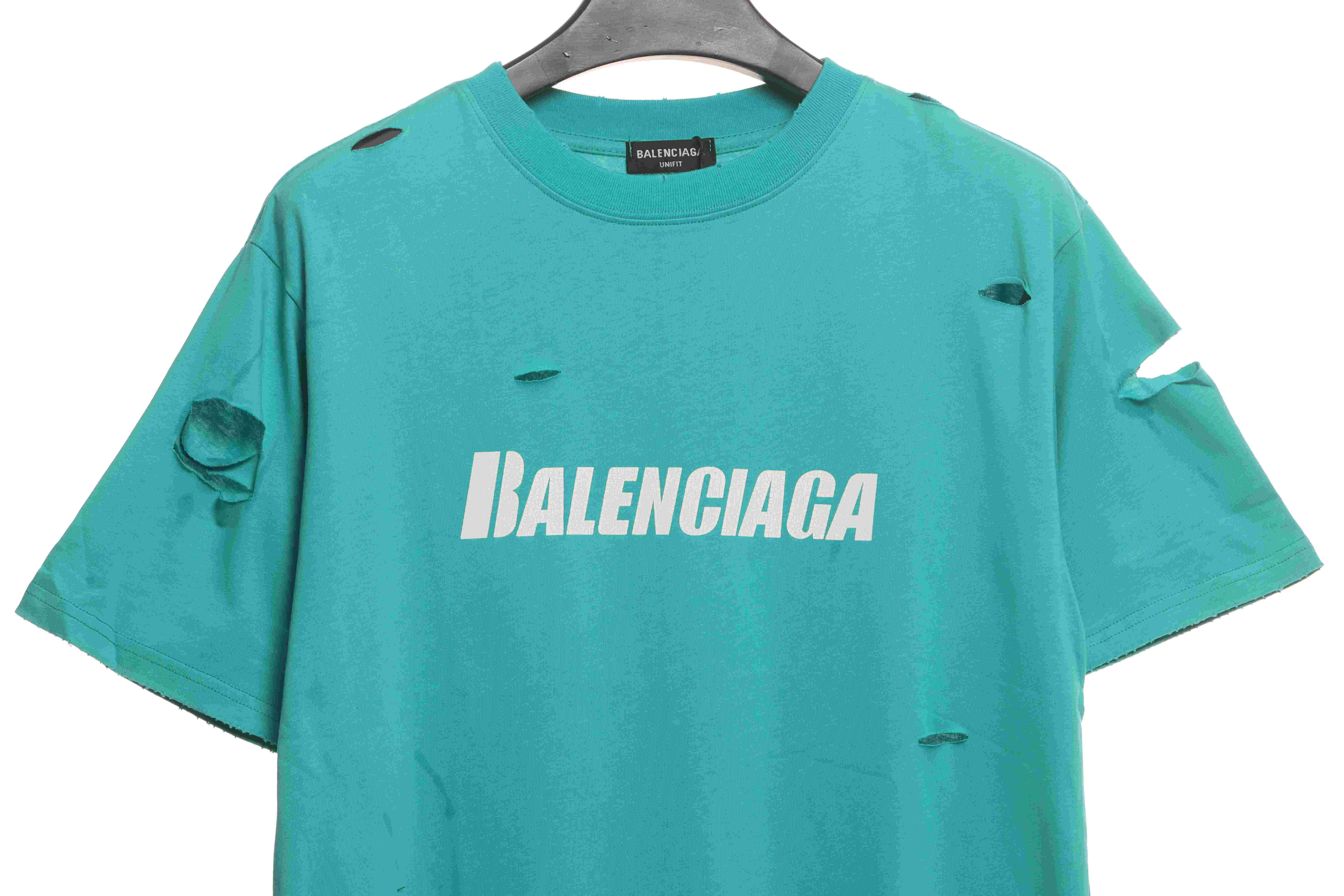 Balenciaga Distressed Short Sleeves Lake Blue