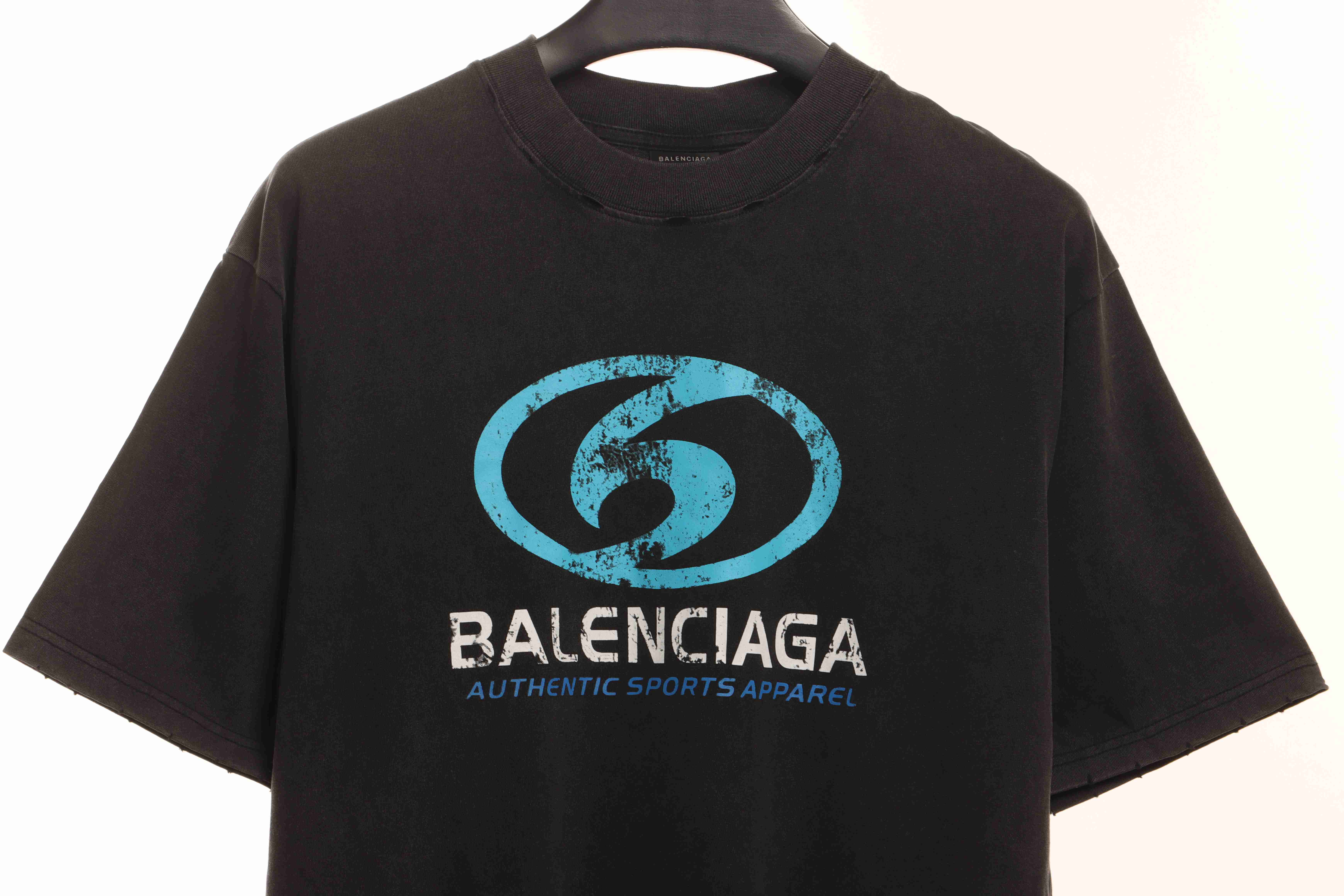 Balenciaga Distressed Washed Front And Back Surf Print Short Sleeves Black