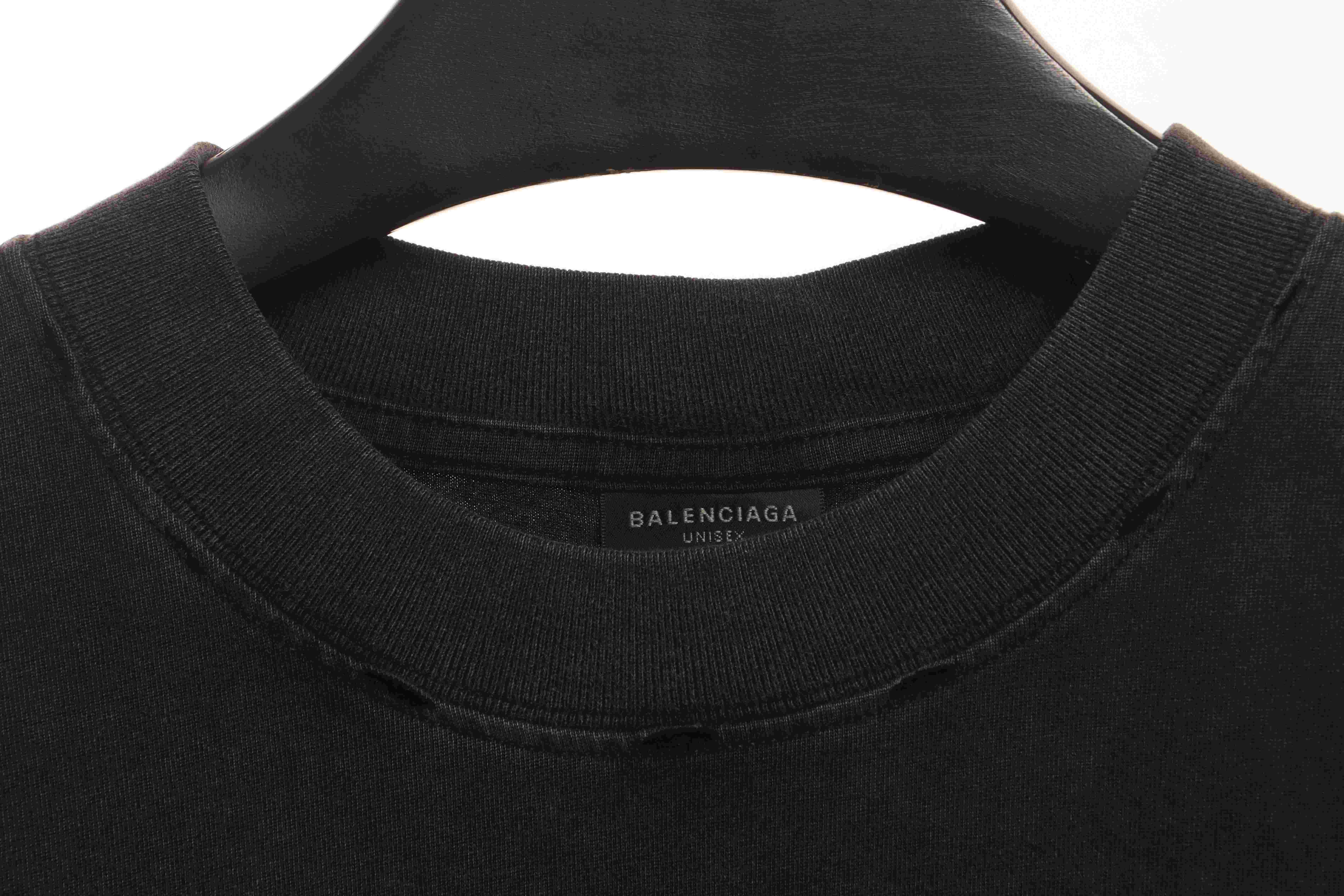 Balenciaga Distressed Washed Front And Back Surf Print Short Sleeves Black
