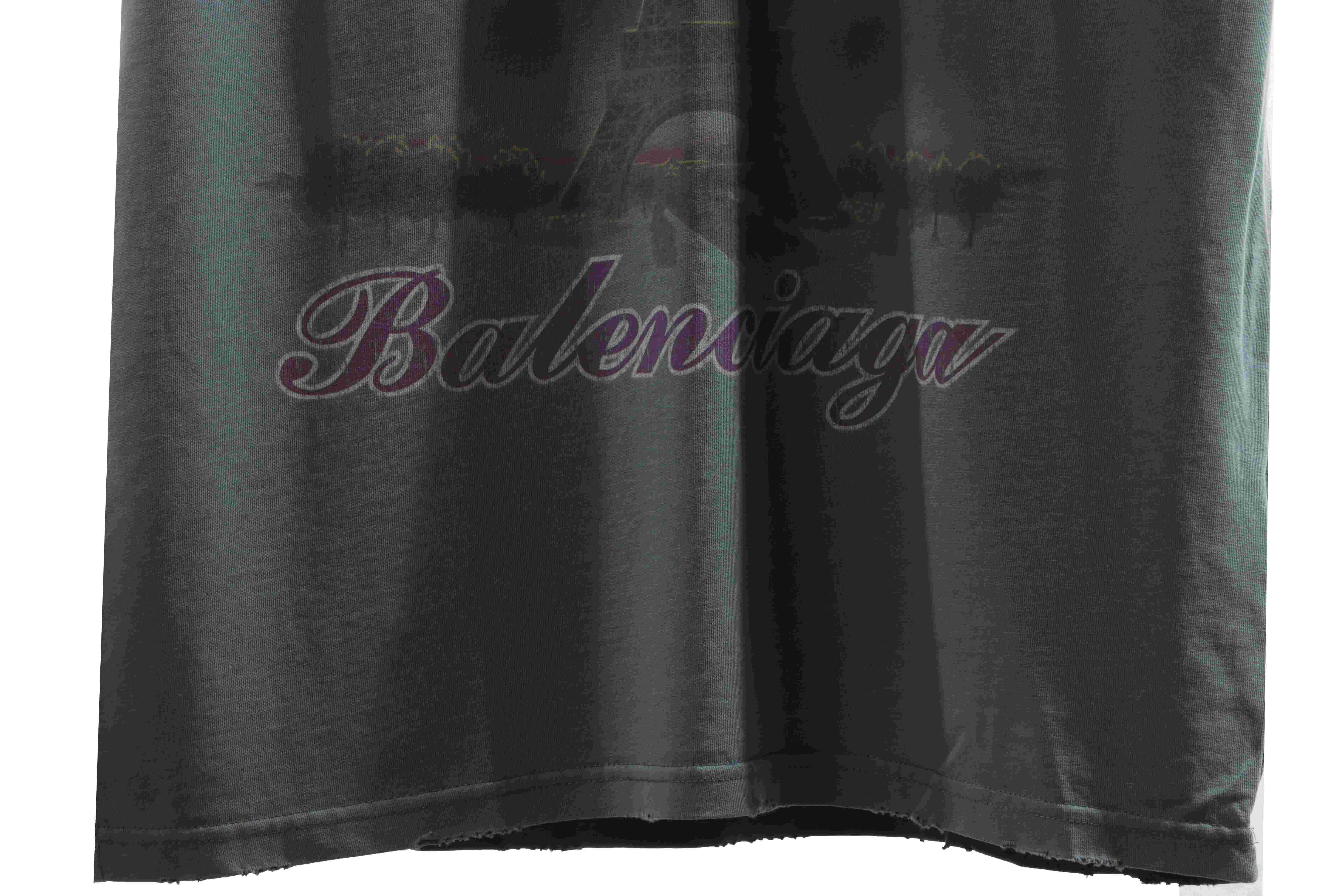 Balenciaga Distressed Washed Sunset Tower Short Sleeves Blue