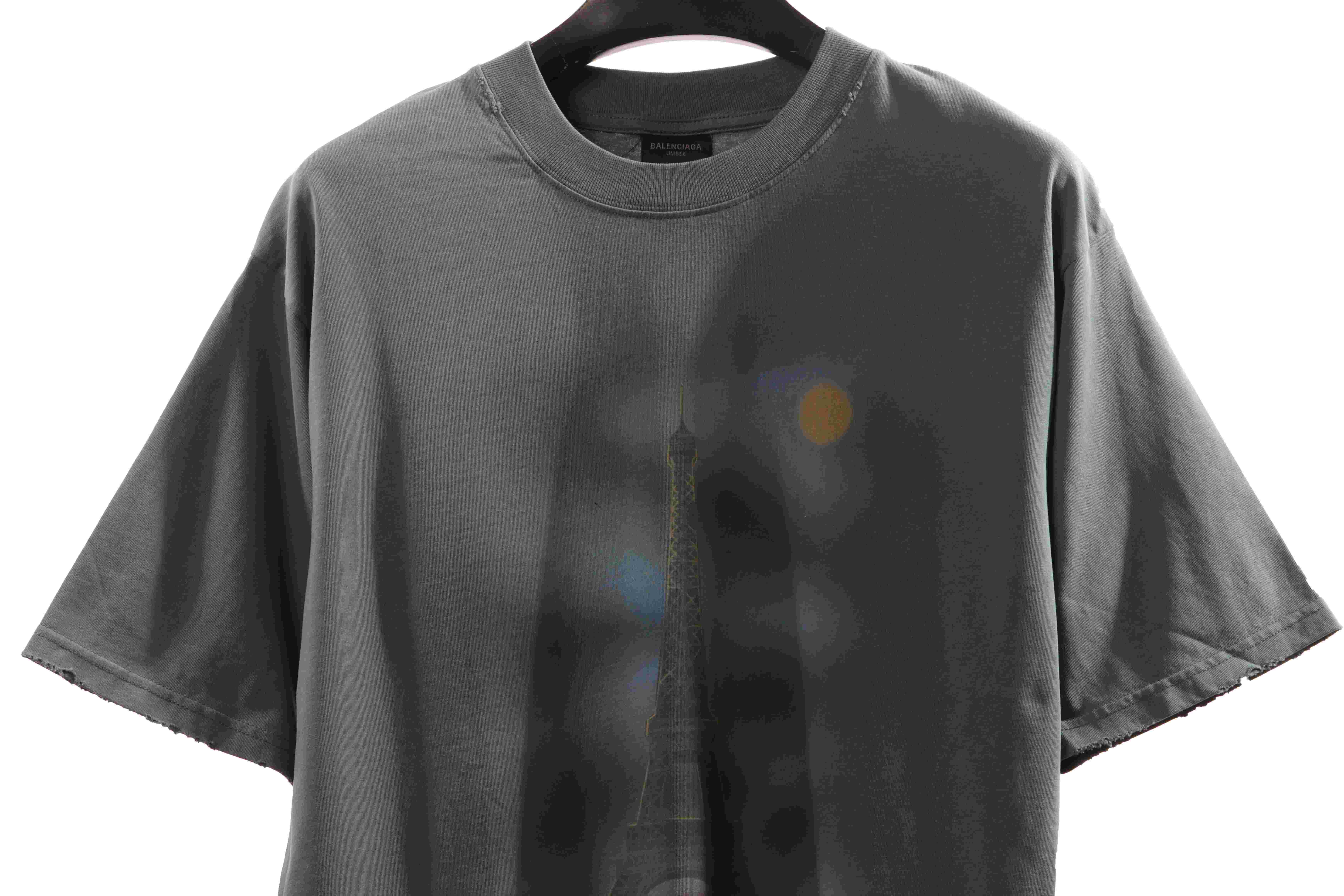 Balenciaga Distressed Washed Sunset Tower Short Sleeves Blue