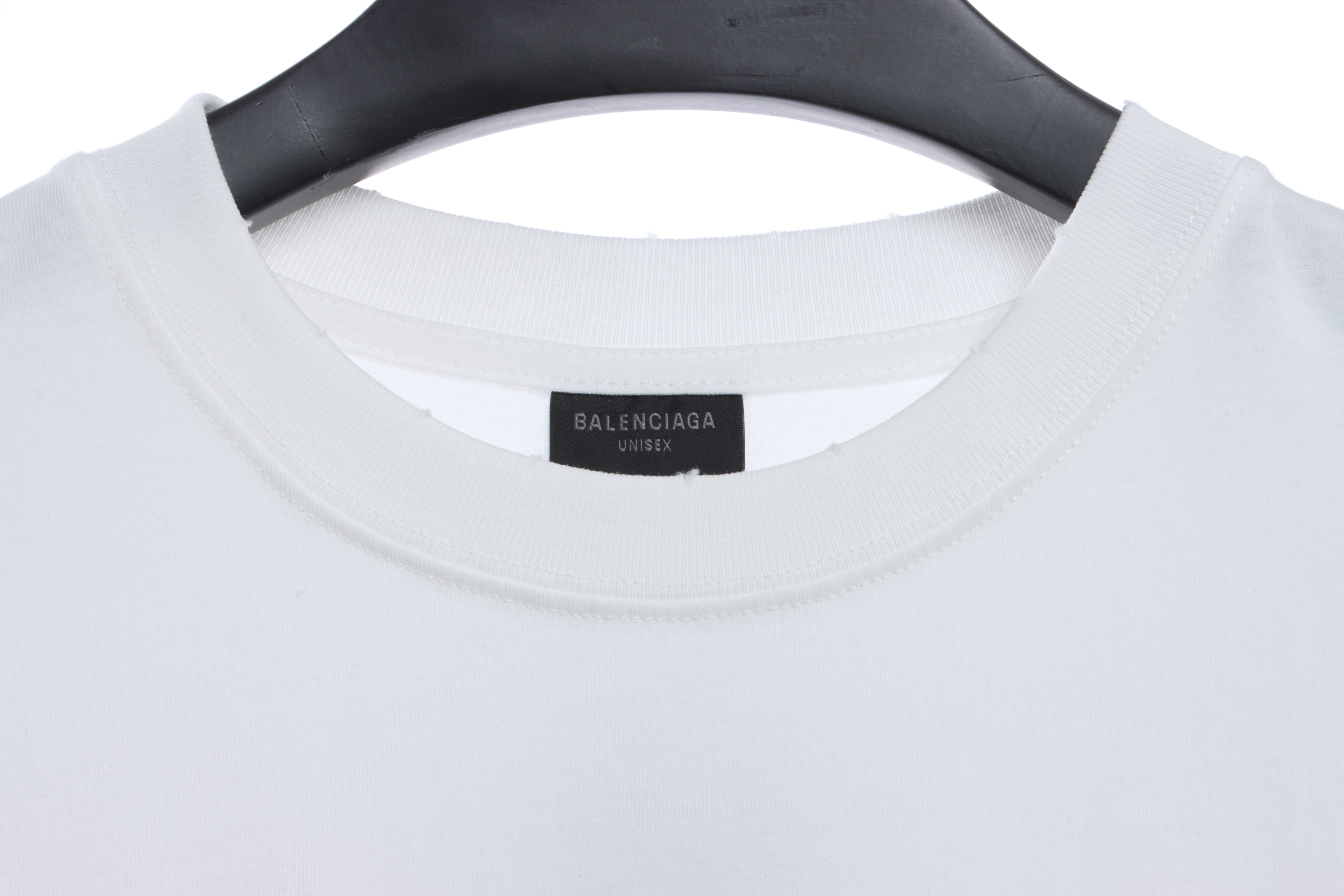 Balenciaga Embroidered Lettering Distressed Short Sleeves White