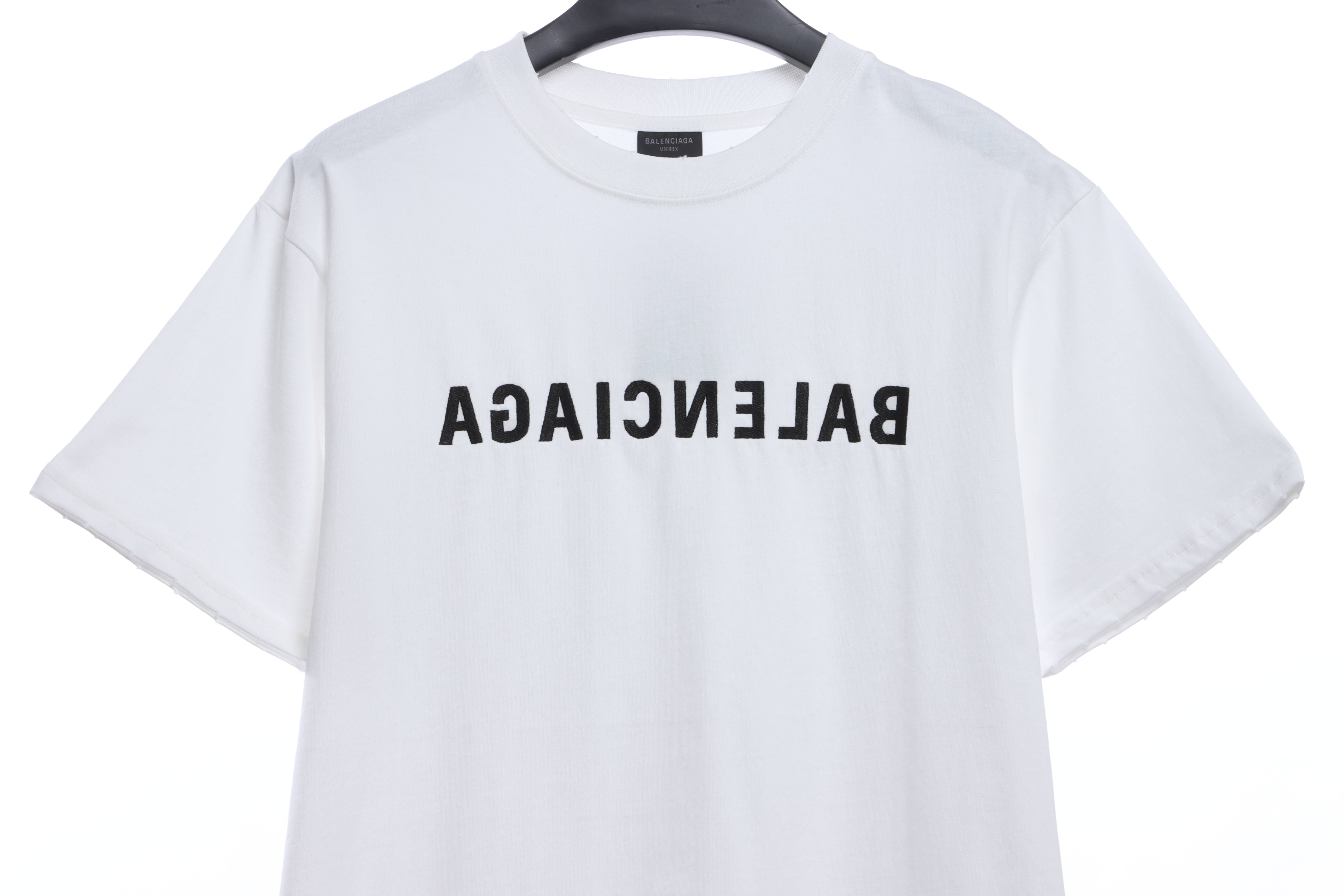 Balenciaga Embroidered Lettering Distressed Short Sleeves White