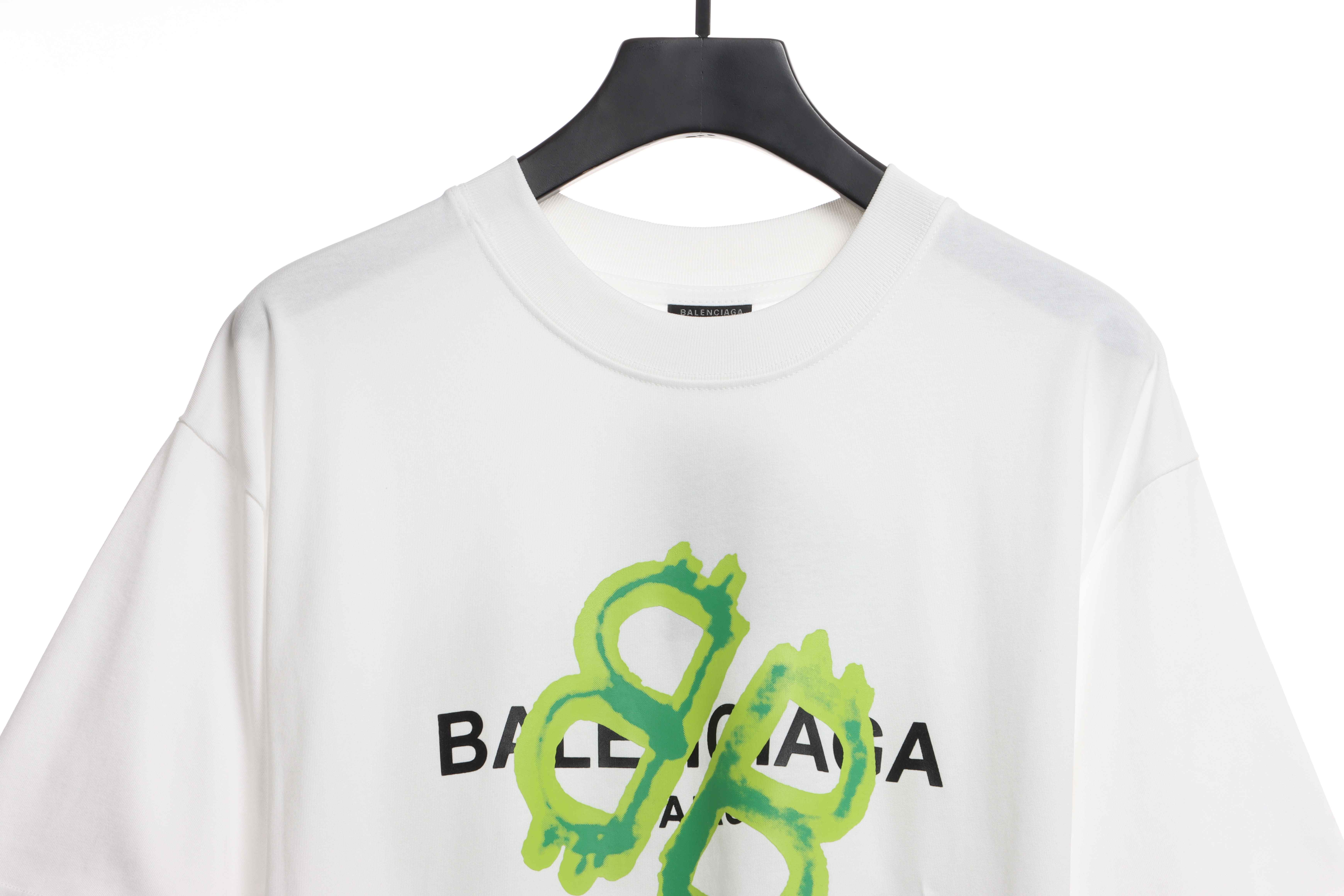Balenciaga Green Painted Double B Short Sleeve White