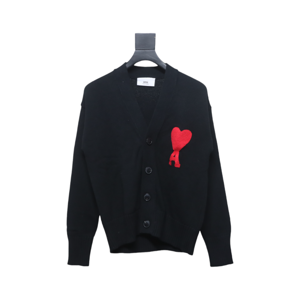 AMI Paris 21FW Heart Embroidered Cardigan Sweater Black