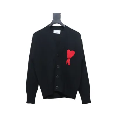 AMI Paris 21FW Heart Embroidered Cardigan Sweater Black 01