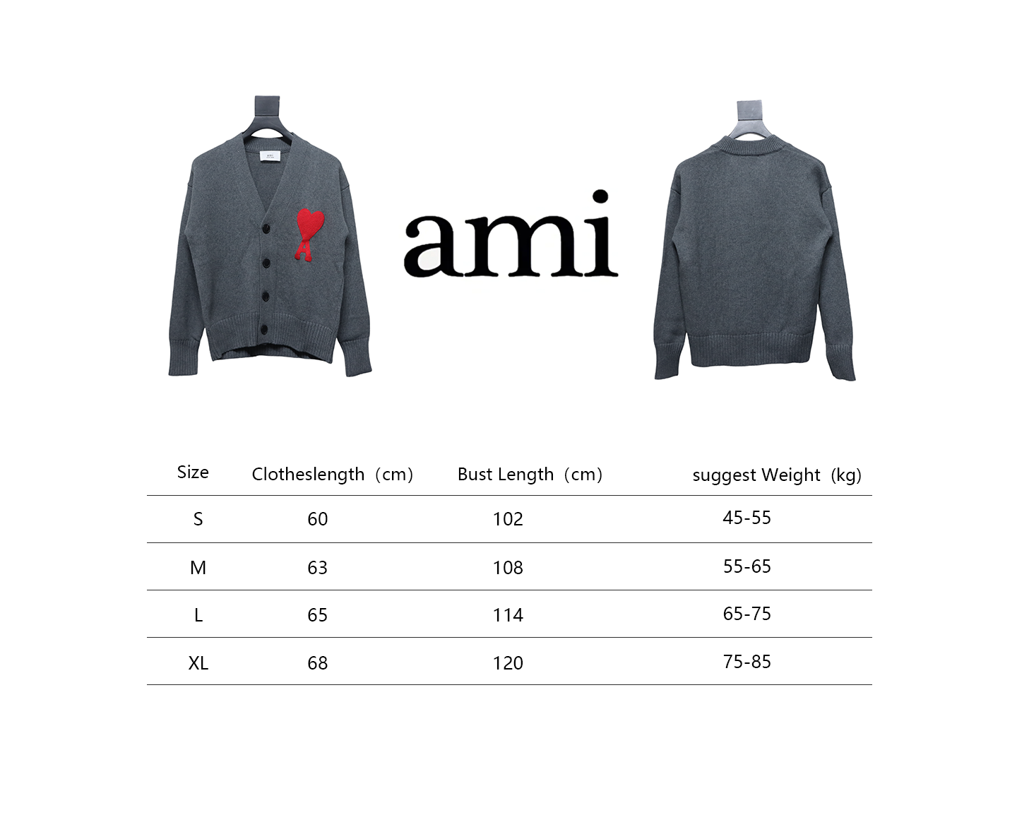 AMI Paris 21FW Heart Embroidered Cardigan Sweater Grey