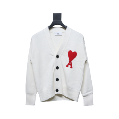 AMI Paris 21FW Heart Embroidered Cardigan Sweater White 01