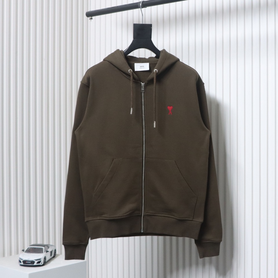 AMI Paris 24Fw Small Heart Logo Embroidered Hooded Jacket Dark Brown