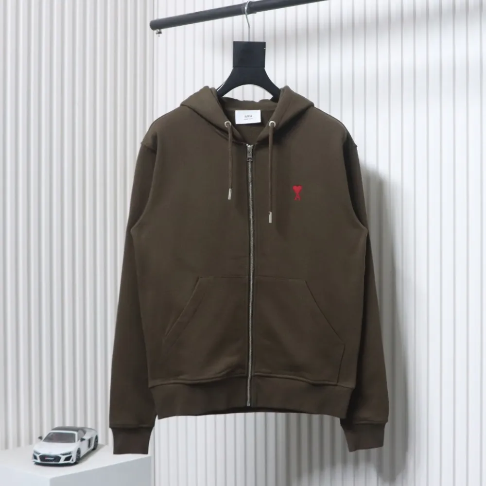 AMI Paris 24Fw Small Heart Logo Embroidered Hooded Jacket Dark Brown