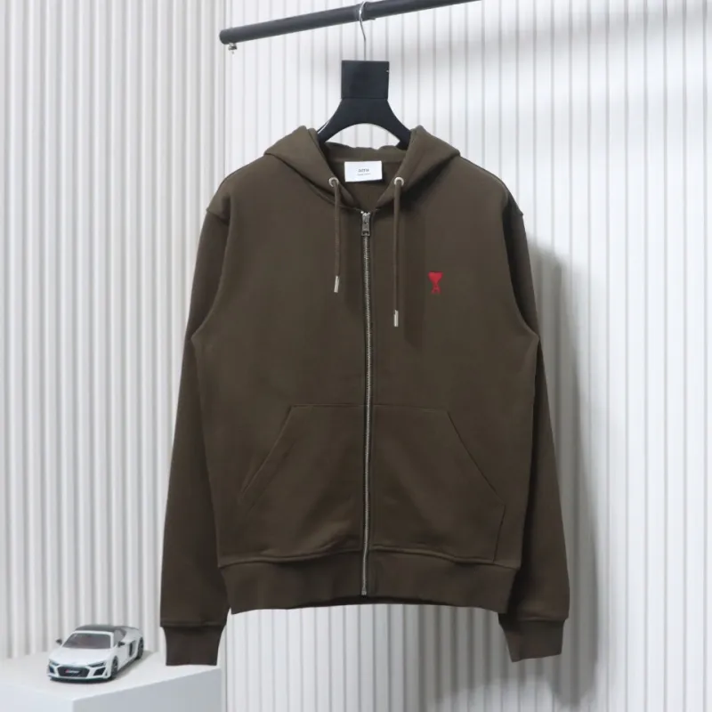 AMI Paris 24Fw Small Heart Logo Embroidered Hooded Jacket Dark Brown