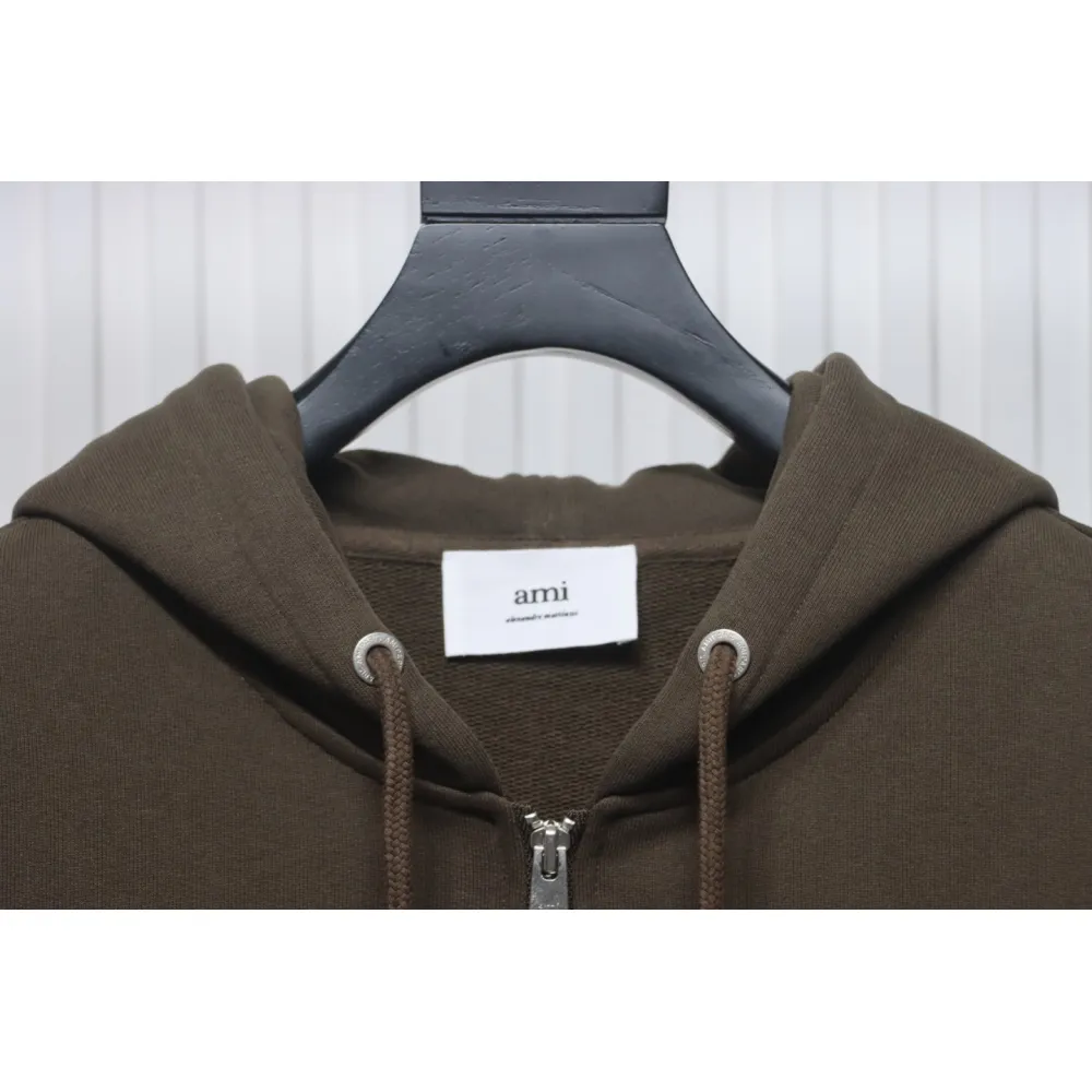 AMI Paris 24Fw Small Heart Logo Embroidered Hooded Jacket Dark Brown