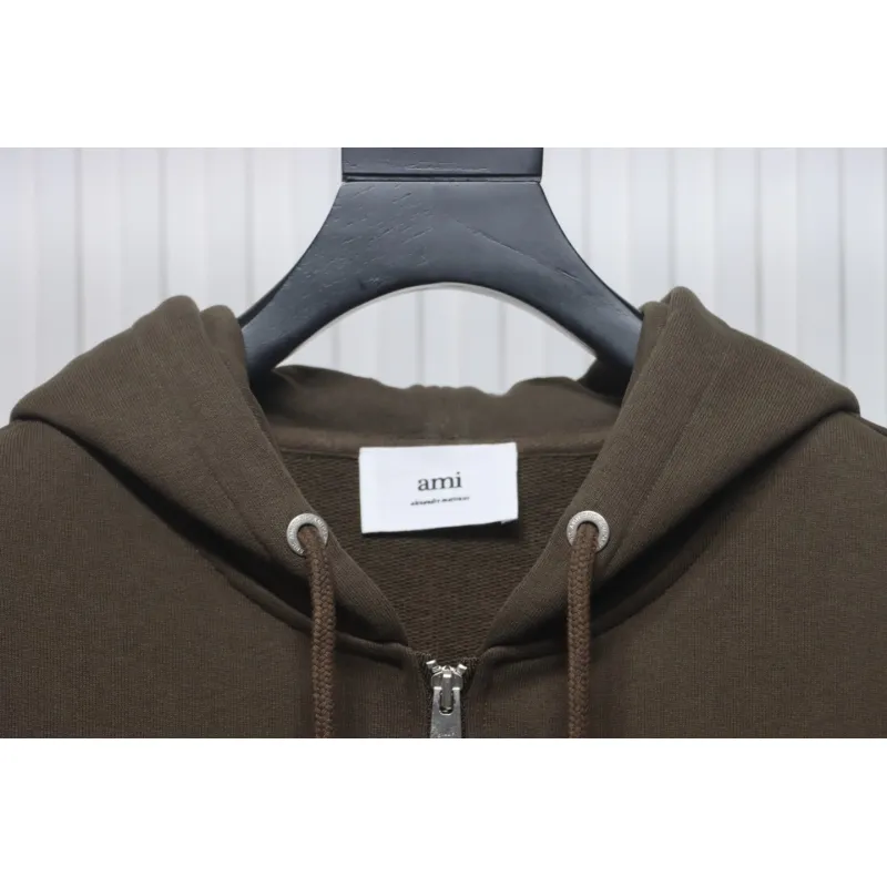 AMI Paris 24Fw Small Heart Logo Embroidered Hooded Jacket Dark Brown